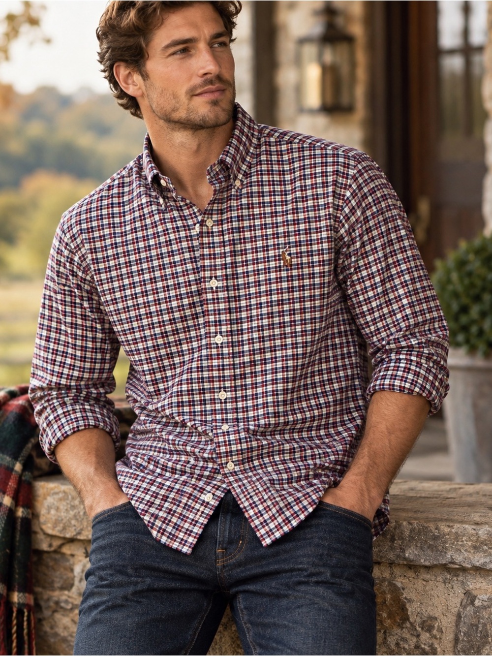 Ralph Lauren Mens M Custom Fit Plaid Button Down Shirt Red Blue Cotton Preppy